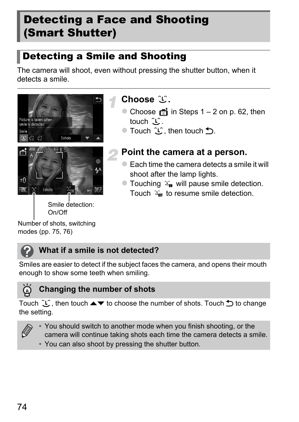 Detecting a face and shooting (smart shutter), Detecting a face and shooting, Smart shutter) | Detecting a smile and shooting, Choose, Point the camera at a person | Canon IXUS 1100 HS User Manual | Page 74 / 209