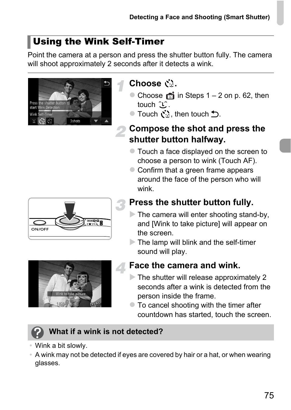 Using the wink self-timer, Choose, Press the shutter button fully | Face the camera and wink | Canon IXUS 1100 HS User Manual | Page 75 / 209