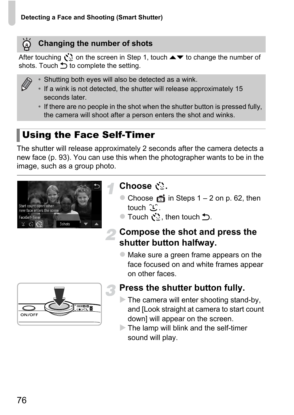 Using the face self-timer, Choose, Press the shutter button fully | Canon IXUS 1100 HS User Manual | Page 76 / 209