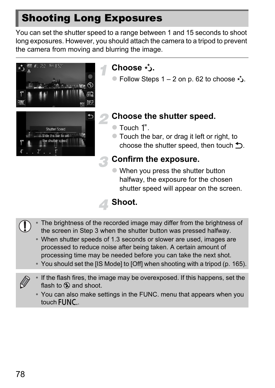 Shooting long exposures, Es (p. 78), Choose n | Choose the shutter speed, Confirm the exposure, Shoot | Canon IXUS 1100 HS User Manual | Page 78 / 209