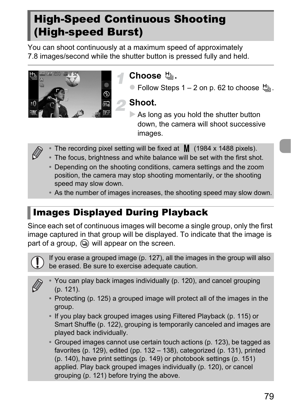 High-speed continuous shooting (high-speed burst), High-speed continuous shooting, High-speed burst) | Images displayed during playback, Choose, Shoot | Canon IXUS 1100 HS User Manual | Page 79 / 209