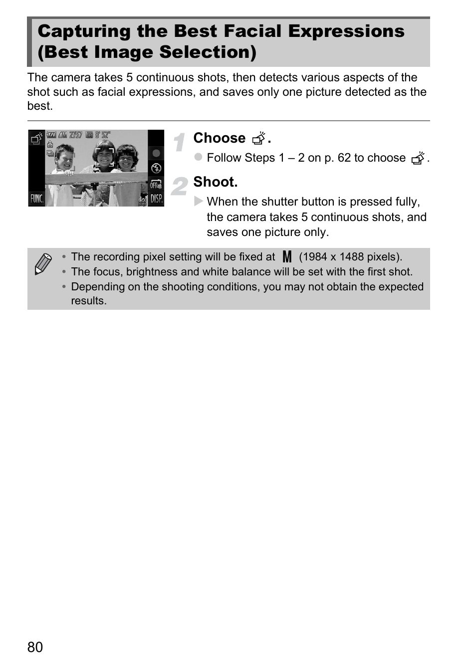 P. 80), Capturing the best facial, Expressions (best image selection) | Choose, Shoot | Canon IXUS 1100 HS User Manual | Page 80 / 209