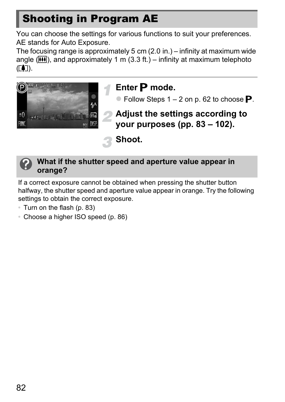 Shooting in program ae, Enter g mode | Canon IXUS 1100 HS User Manual | Page 82 / 209