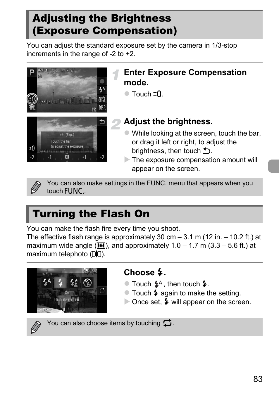 Adjusting the brightness (exposure compensation), Turning the flash on, Adjusting the brightness | Exposure compensation), Pp. 83, P. 83) | Canon IXUS 1100 HS User Manual | Page 83 / 209