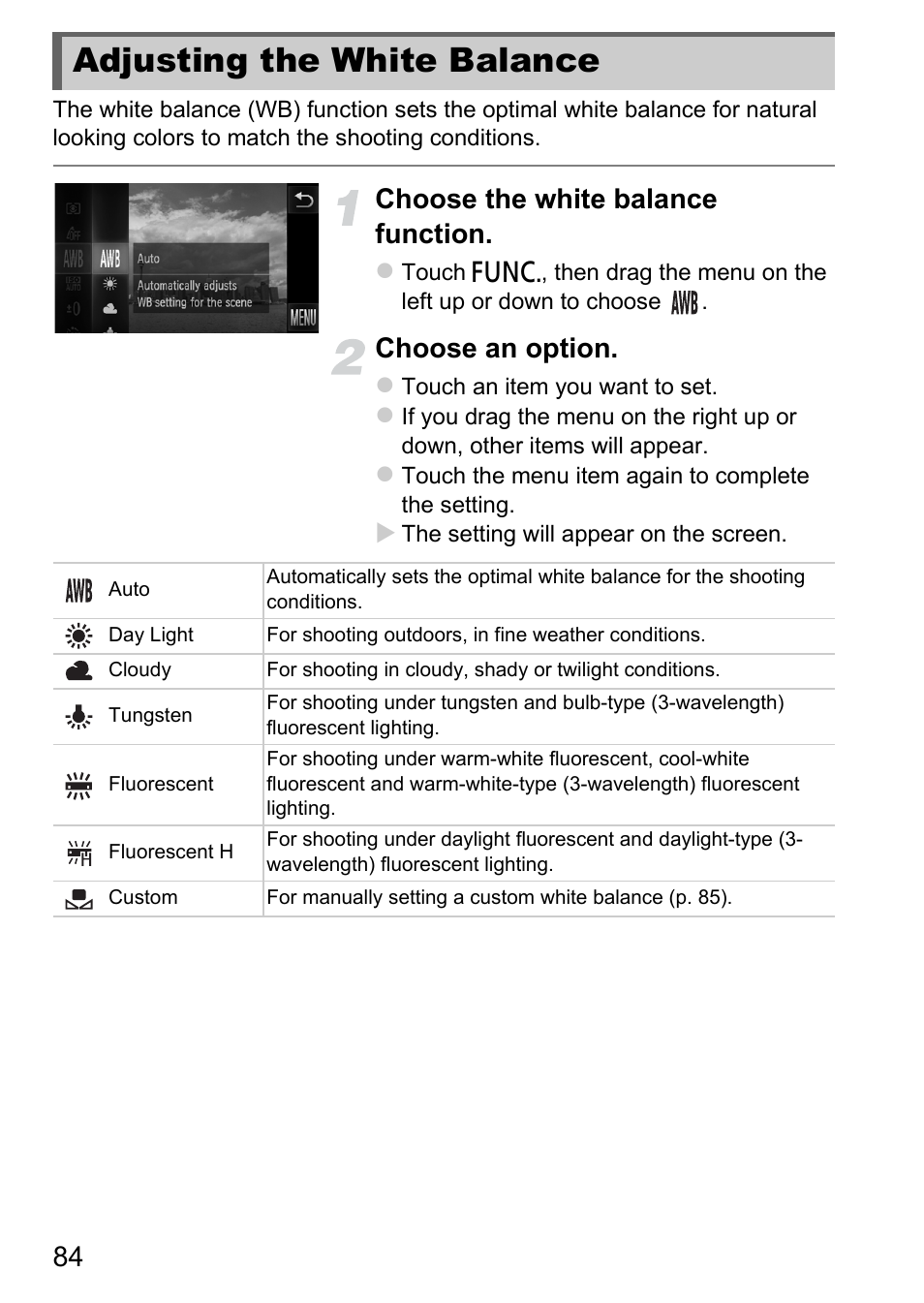 Adjusting the white balance, Choose the white balance function, Choose an option | Canon IXUS 1100 HS User Manual | Page 84 / 209