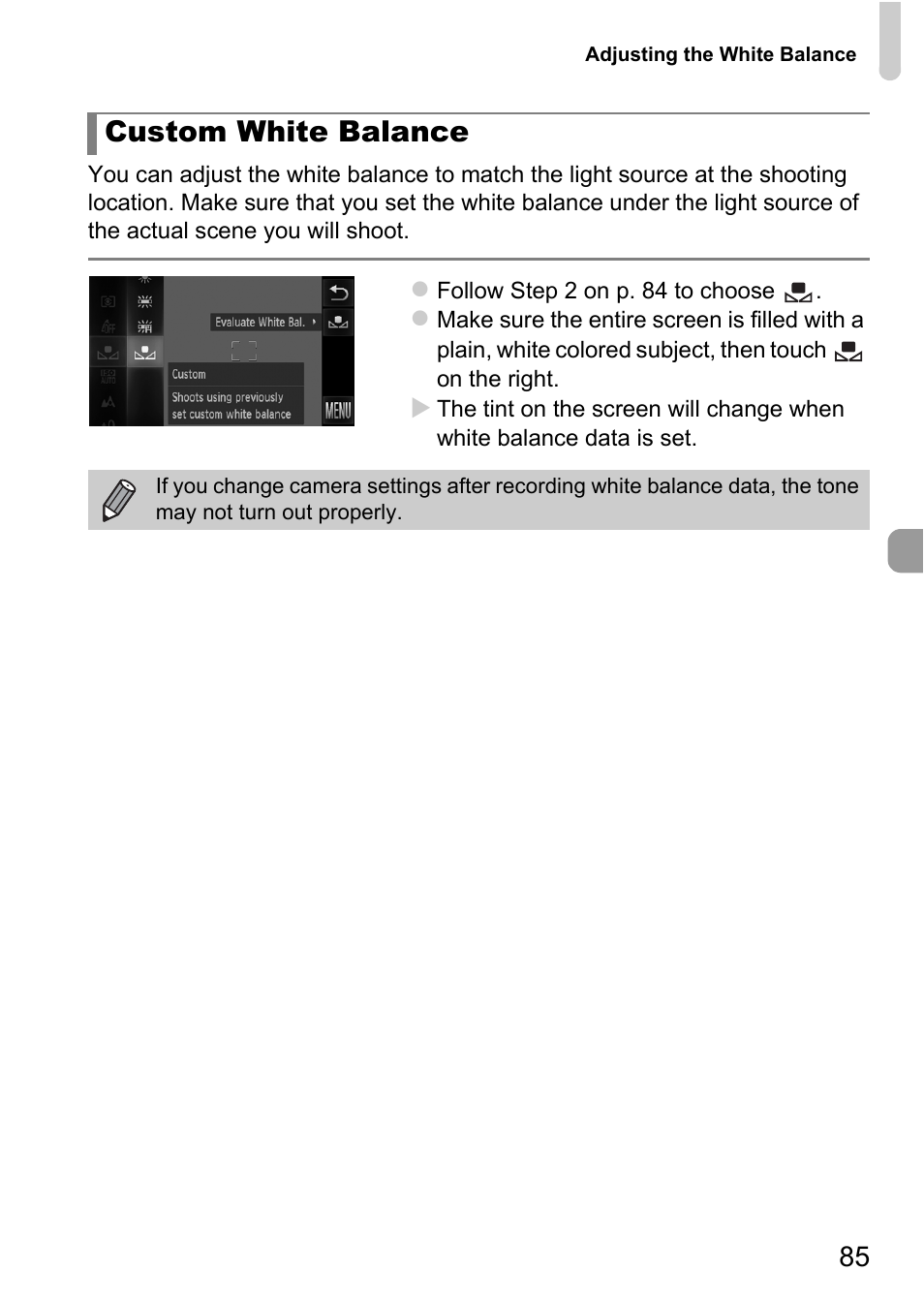 P. 85, Custom white balance | Canon IXUS 1100 HS User Manual | Page 85 / 209