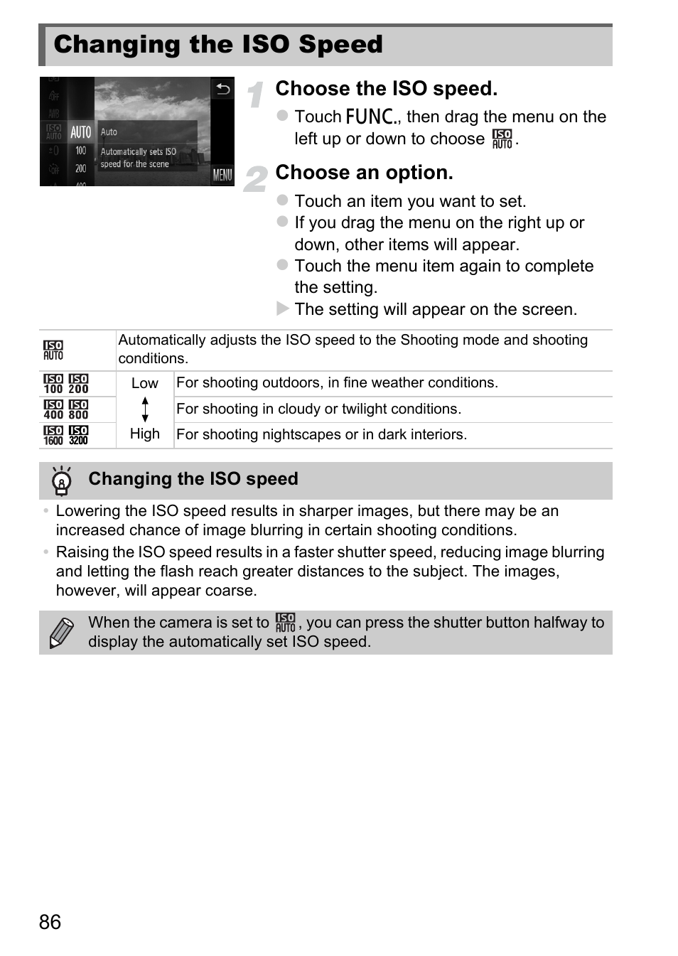 Changing the iso speed, P. 86), 86 choose the iso speed | Choose an option | Canon IXUS 1100 HS User Manual | Page 86 / 209