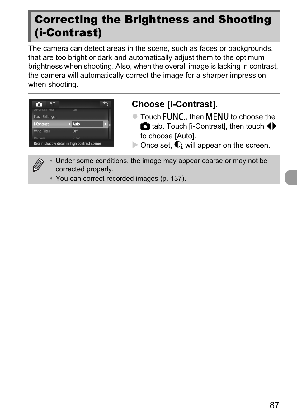 Correcting the brightness and, Shooting (i-contrast) | Canon IXUS 1100 HS User Manual | Page 87 / 209