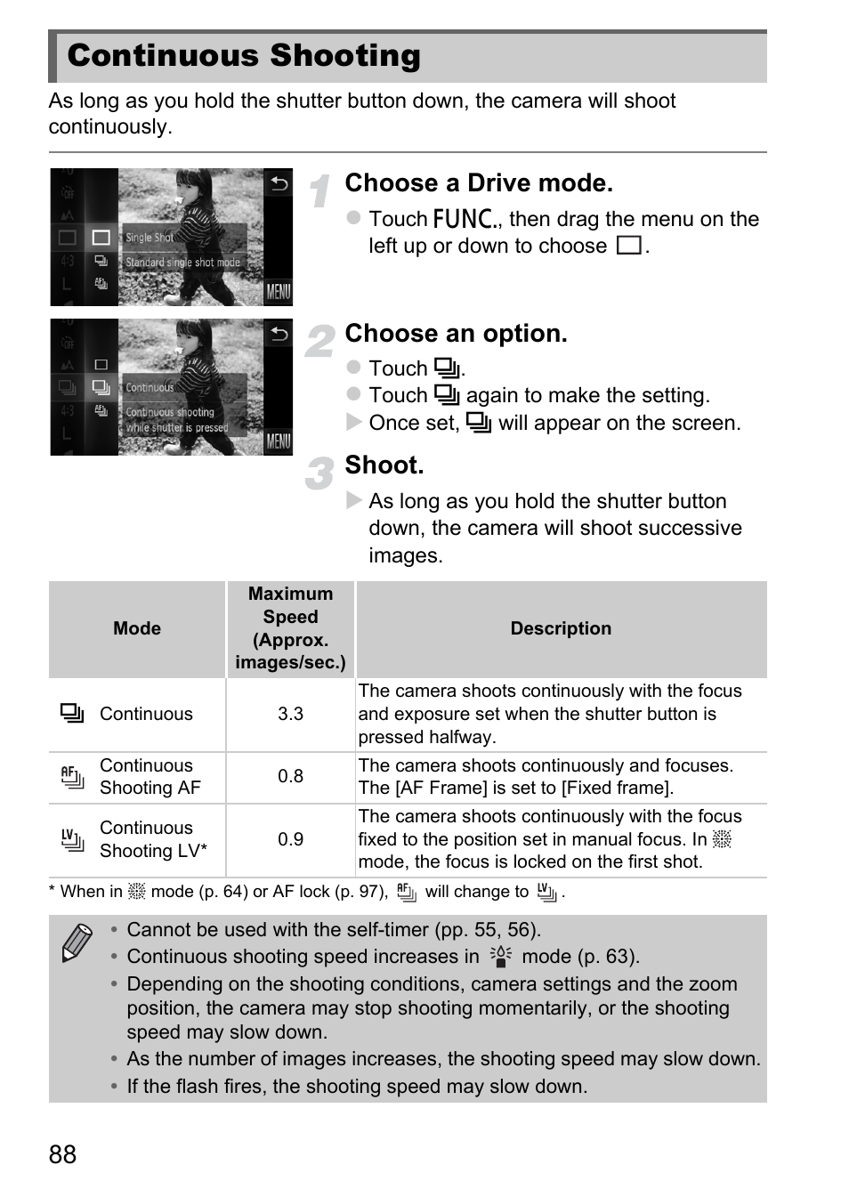 Continuous shooting, Choose a drive mode, Choose an option | Shoot | Canon IXUS 1100 HS User Manual | Page 88 / 209