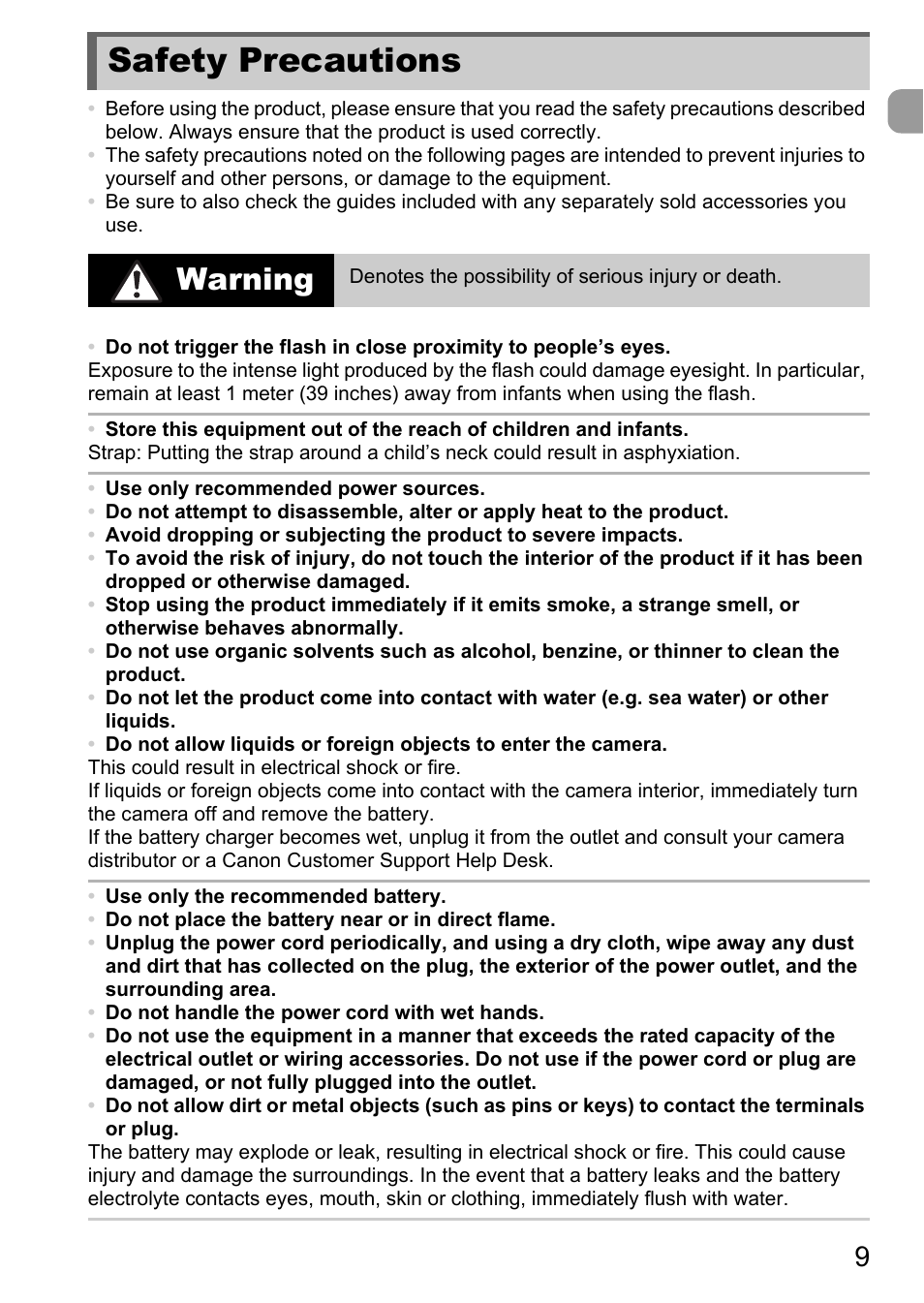 Safety precautions, Warning | Canon IXUS 1100 HS User Manual | Page 9 / 209