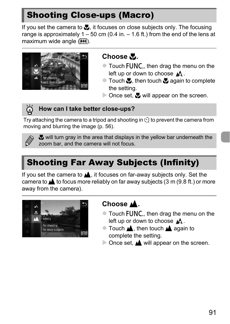 Shooting close-ups (macro), Shooting far away subjects (infinity), Infinity) | Choose e, Choose u | Canon IXUS 1100 HS User Manual | Page 91 / 209