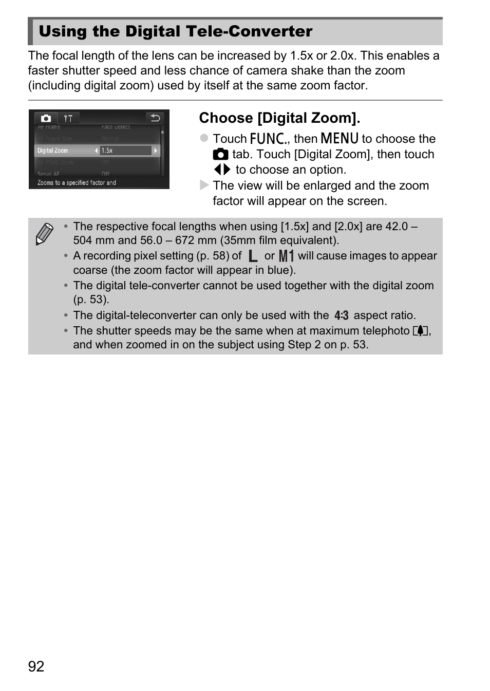 Using the digital tele-converter, Choose [digital zoom | Canon IXUS 1100 HS User Manual | Page 92 / 209