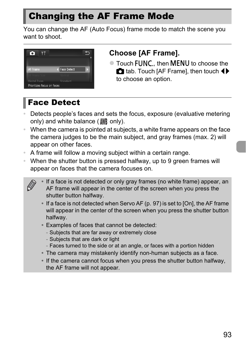Changing the af frame mode, Face detect, Choose [af frame | Canon IXUS 1100 HS User Manual | Page 93 / 209