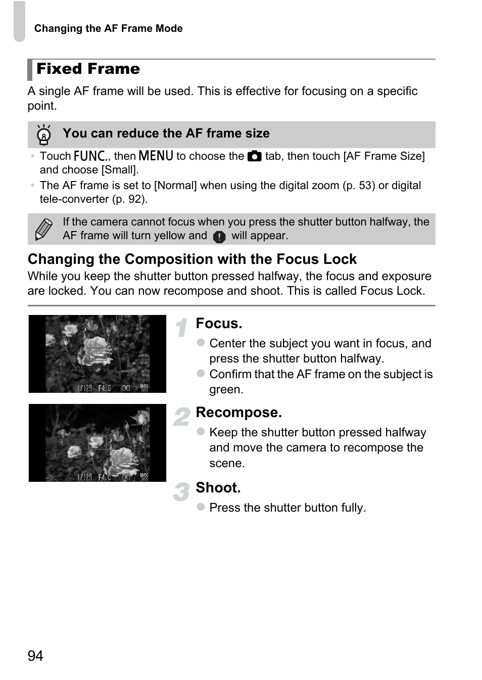 Fixed frame, Changing the composition with the focus lock, Focus | Recompose, Shoot | Canon IXUS 1100 HS User Manual | Page 94 / 209