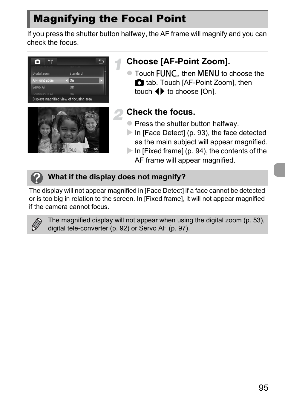 Magnifying the focal point | Canon IXUS 1100 HS User Manual | Page 95 / 209