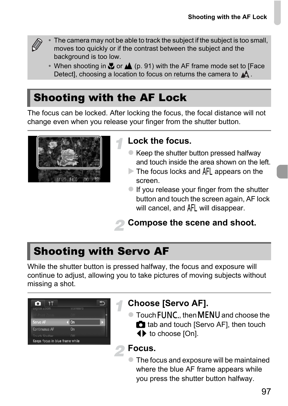 Shooting with the af lock, Shooting with servo af, Shooting with the af lock shooting with servo af | P. 97, Lock the focus, Compose the scene and shoot, Choose [servo af, Focus | Canon IXUS 1100 HS User Manual | Page 97 / 209