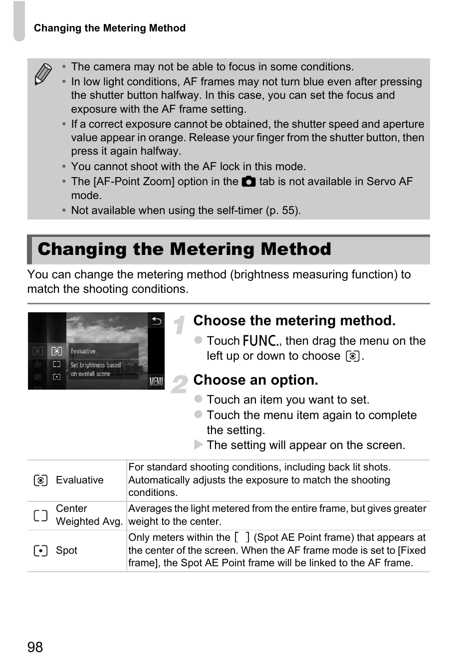Changing the metering method, Choose the metering method, Choose an option | Canon IXUS 1100 HS User Manual | Page 98 / 209