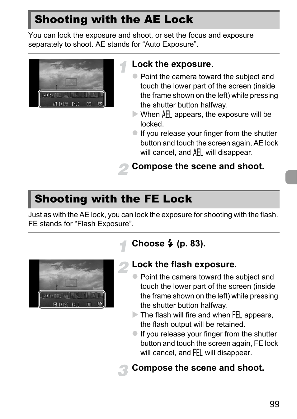 Shooting with the ae lock, Shooting with the fe lock | Canon IXUS 1100 HS User Manual | Page 99 / 209