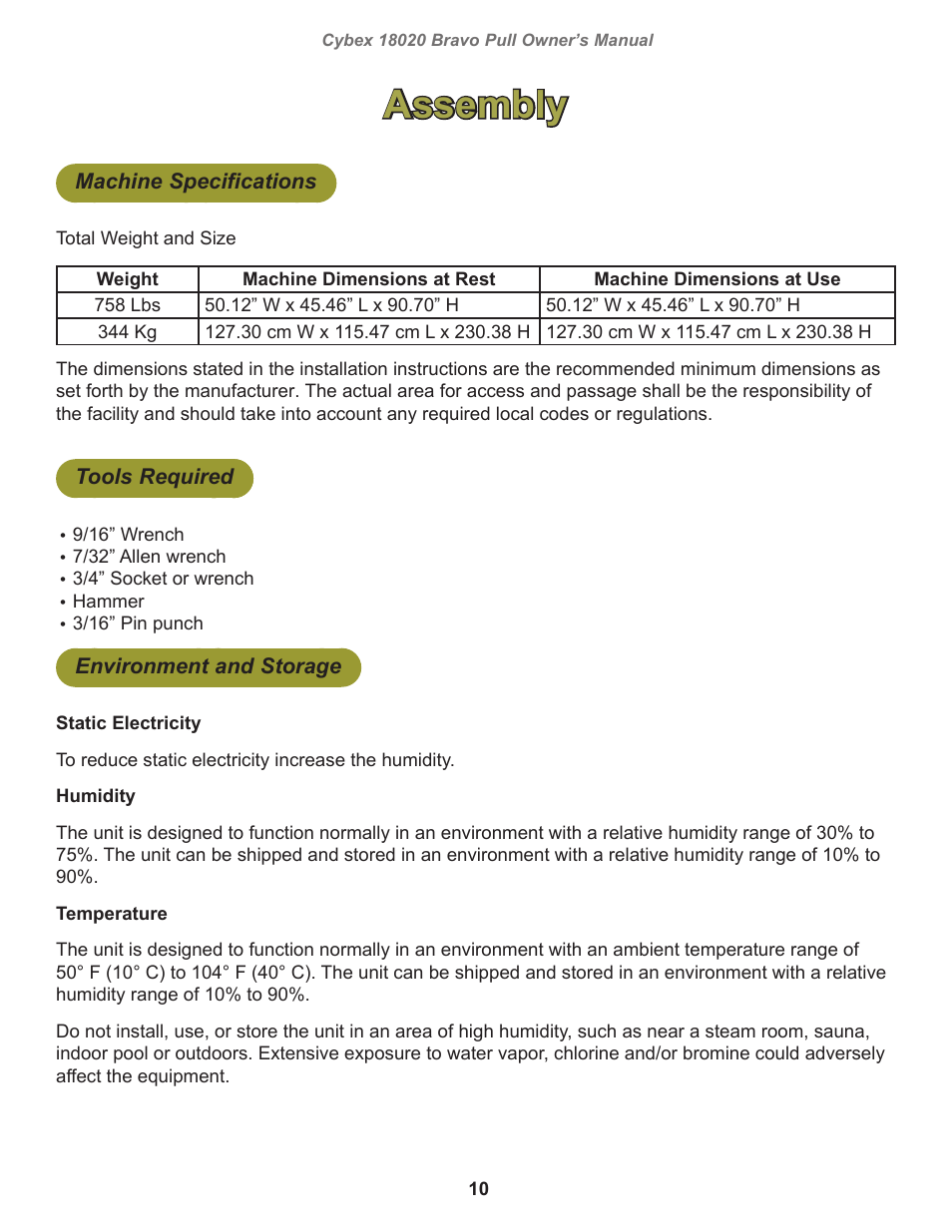 Assembly, Machine specifications, Tools required | Environment and storage | Cybex 18020 Bravo Pull User Manual | Page 10 / 32