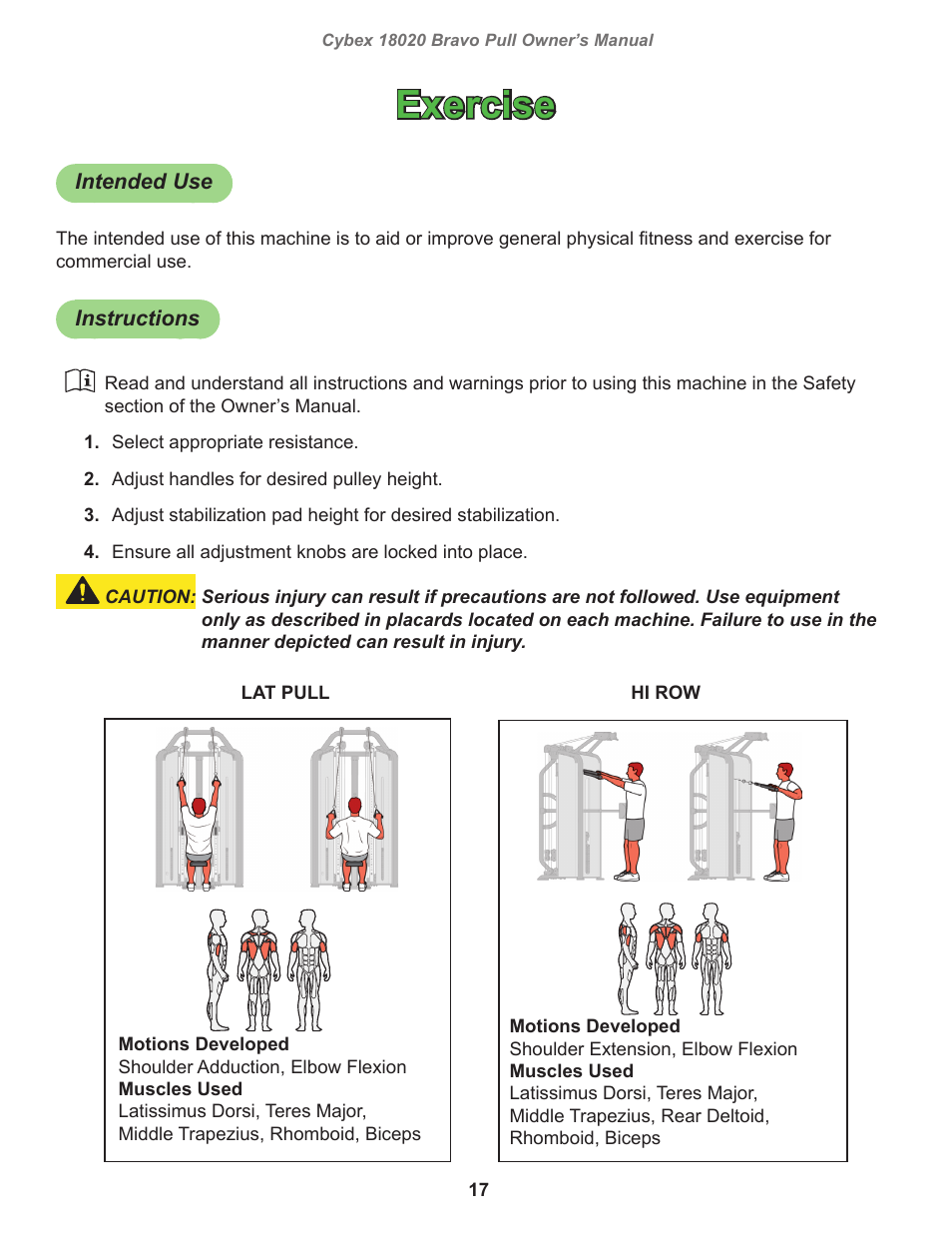 Exercise, Intended use, Instructions | Cybex 18020 Bravo Pull User Manual | Page 17 / 32