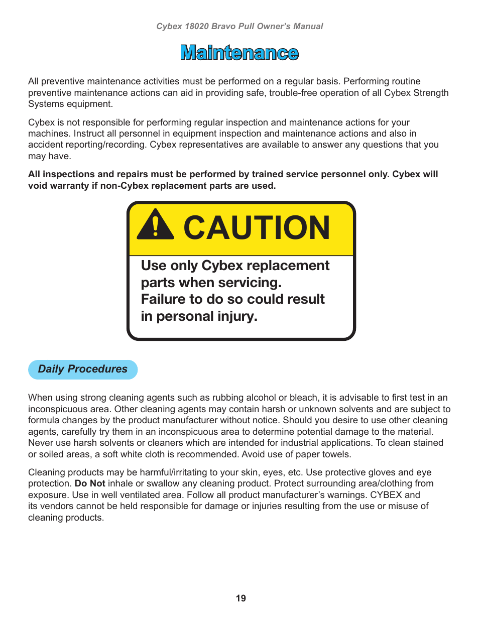 Maintenance, Daily procedures, Caution | Cybex 18020 Bravo Pull User Manual | Page 19 / 32