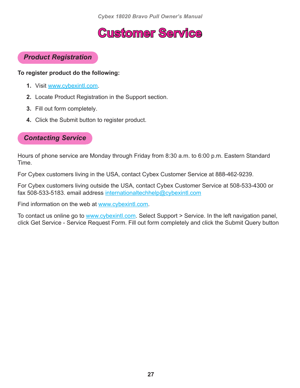 Customer service, Product registration, Contacting service | Cybex 18020 Bravo Pull User Manual | Page 27 / 32