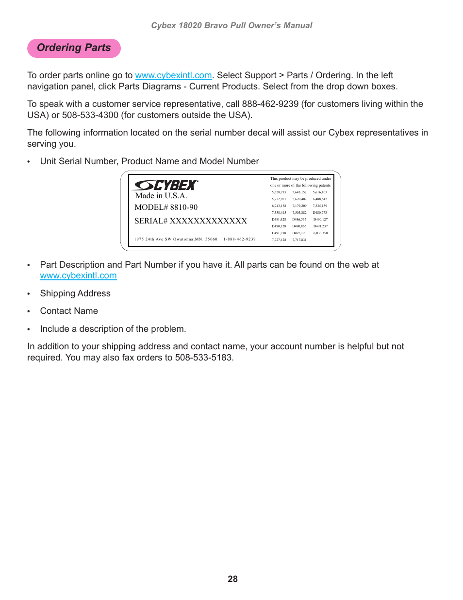 Ordering parts, Serial number 8800 decal, Unit serial number, product name and model number | Owatonna, Shipping address, Contact name | Cybex 18020 Bravo Pull User Manual | Page 28 / 32