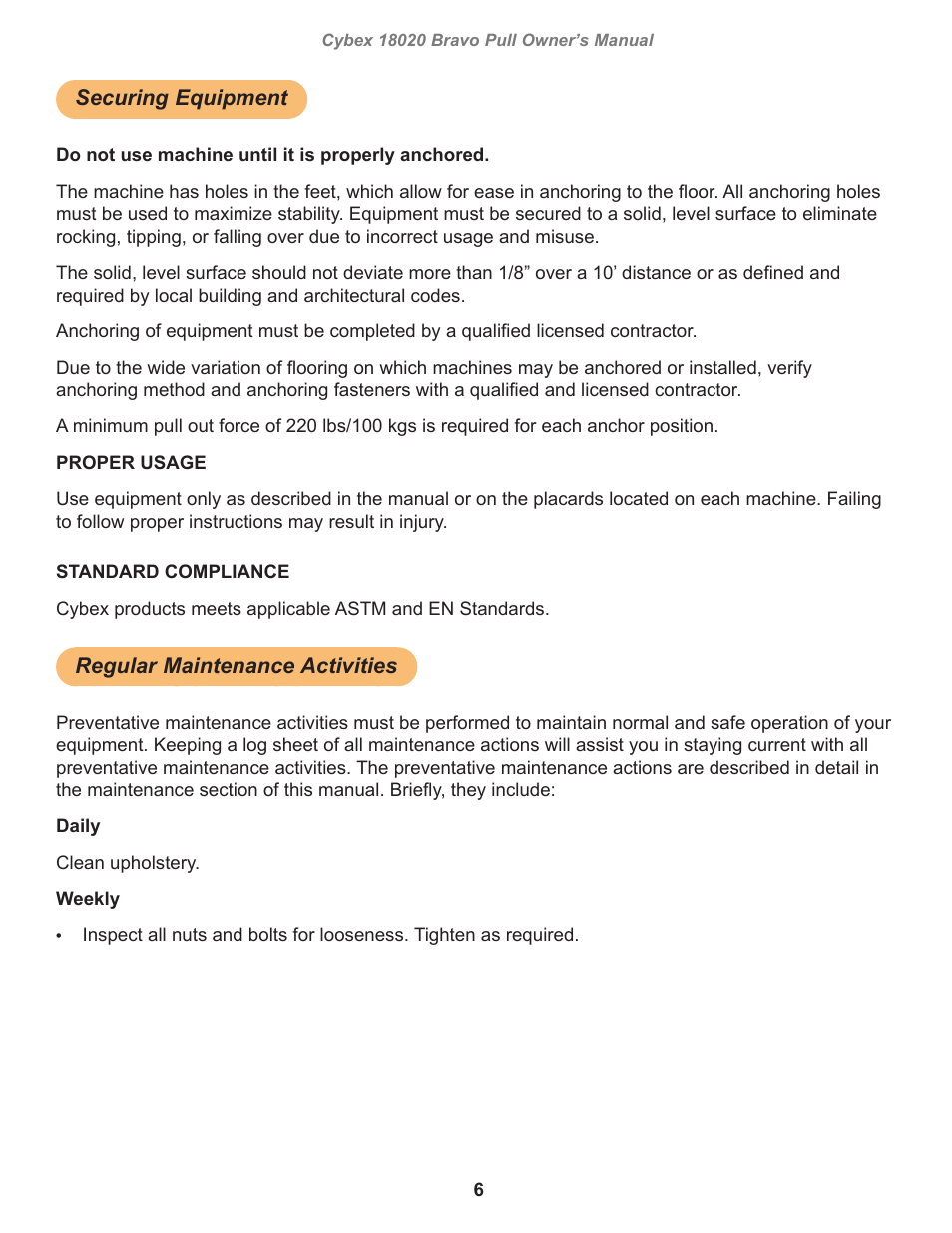 Securing equipment, Regular maintenance activities | Cybex 18020 Bravo Pull User Manual | Page 6 / 32