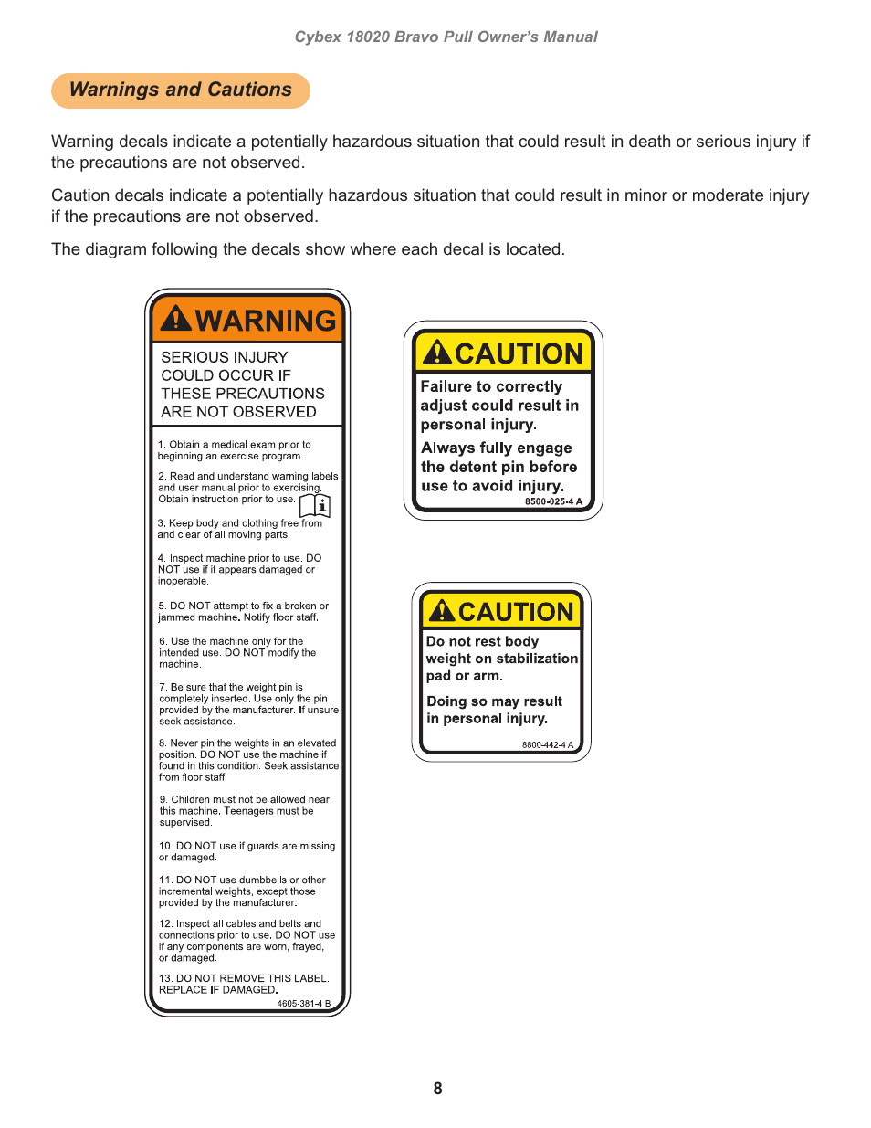 Warnings and cautions, Warning, Caution | Owatonna | Cybex 18020 Bravo Pull User Manual | Page 8 / 32