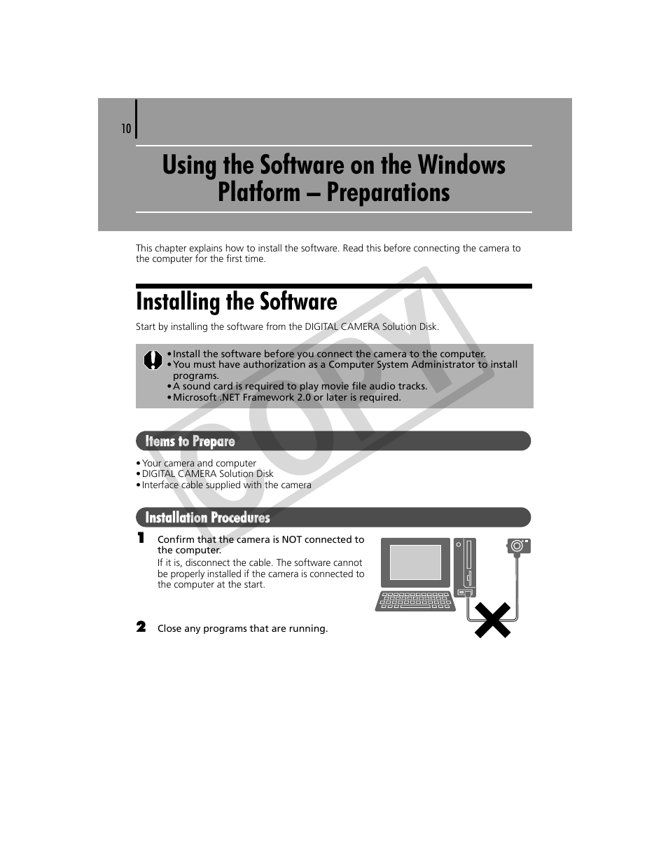 Using the software on the windows platform, Preparations 10, Installing the software | P. 10), Co py | Canon CDP-E074-030 User Manual | Page 10 / 64