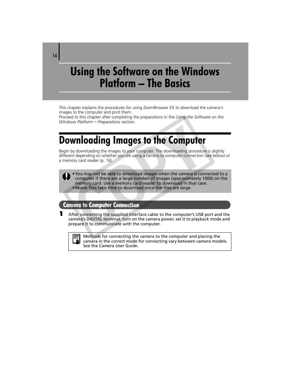 Using the software on the windows platform, The basics, Downloading images to the computer | P. 14), Co py | Canon CDP-E074-030 User Manual | Page 14 / 64