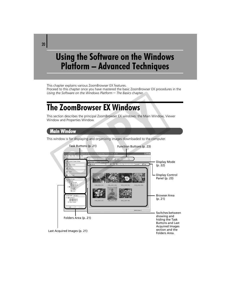 Using the software on the windows platform, Advanced techniques, The zoombrowser ex windows | Co py | Canon CDP-E074-030 User Manual | Page 20 / 64