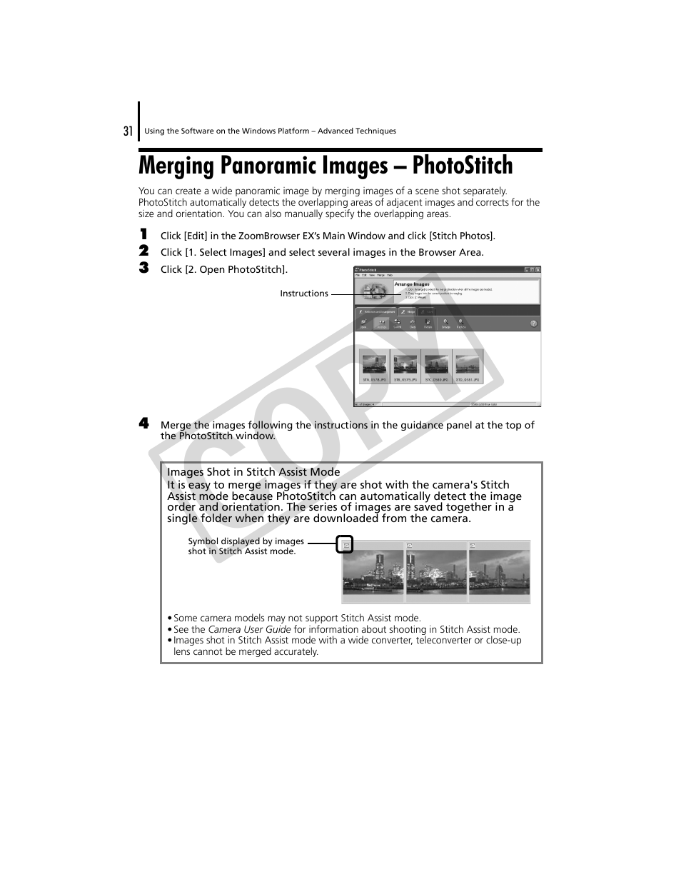 Merging panoramic images – photostitch, P. 31), Co py | Canon CDP-E074-030 User Manual | Page 31 / 64