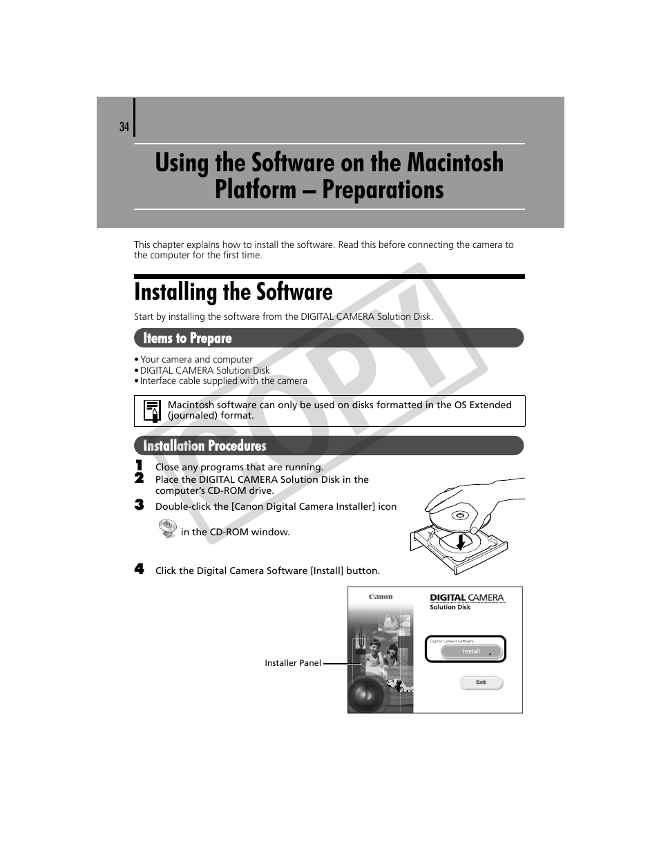 Using the software on the macintosh platform, Preparations 34, Installing the software | P. 34), Co py | Canon CDP-E074-030 User Manual | Page 34 / 64