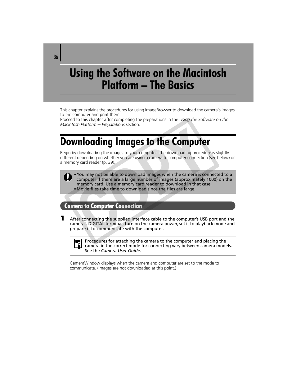 Using the software on the macintosh platform, The basics, Downloading images to the computer | P. 36), Co py | Canon CDP-E074-030 User Manual | Page 36 / 64