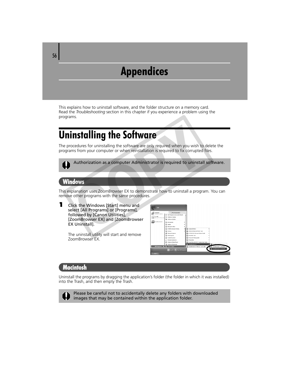 Appendices 56, Uninstalling the software, Co py | Canon CDP-E074-030 User Manual | Page 56 / 64