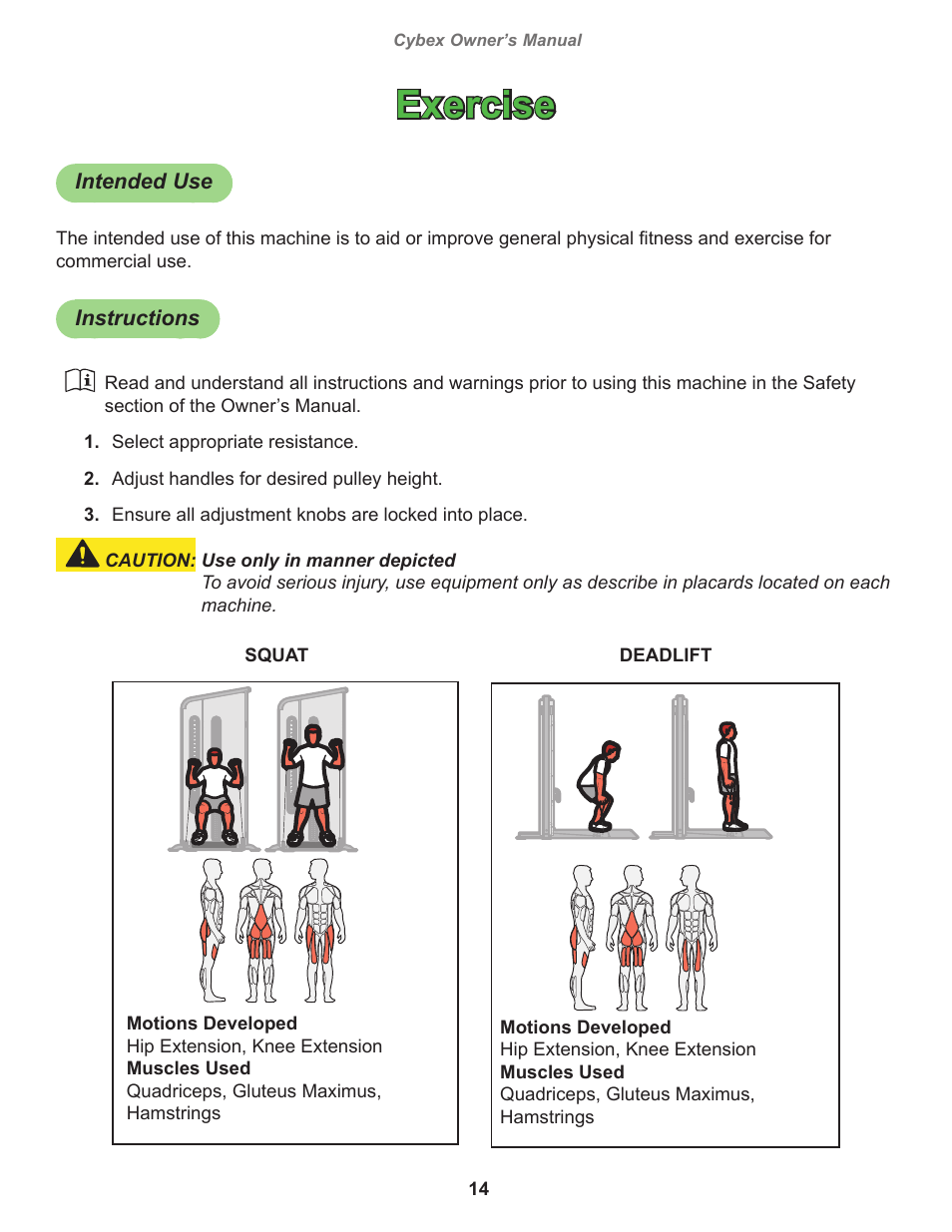 Exercise, Intended use, Instructions | Cybex 18030 Bravo Lift User Manual | Page 14 / 28