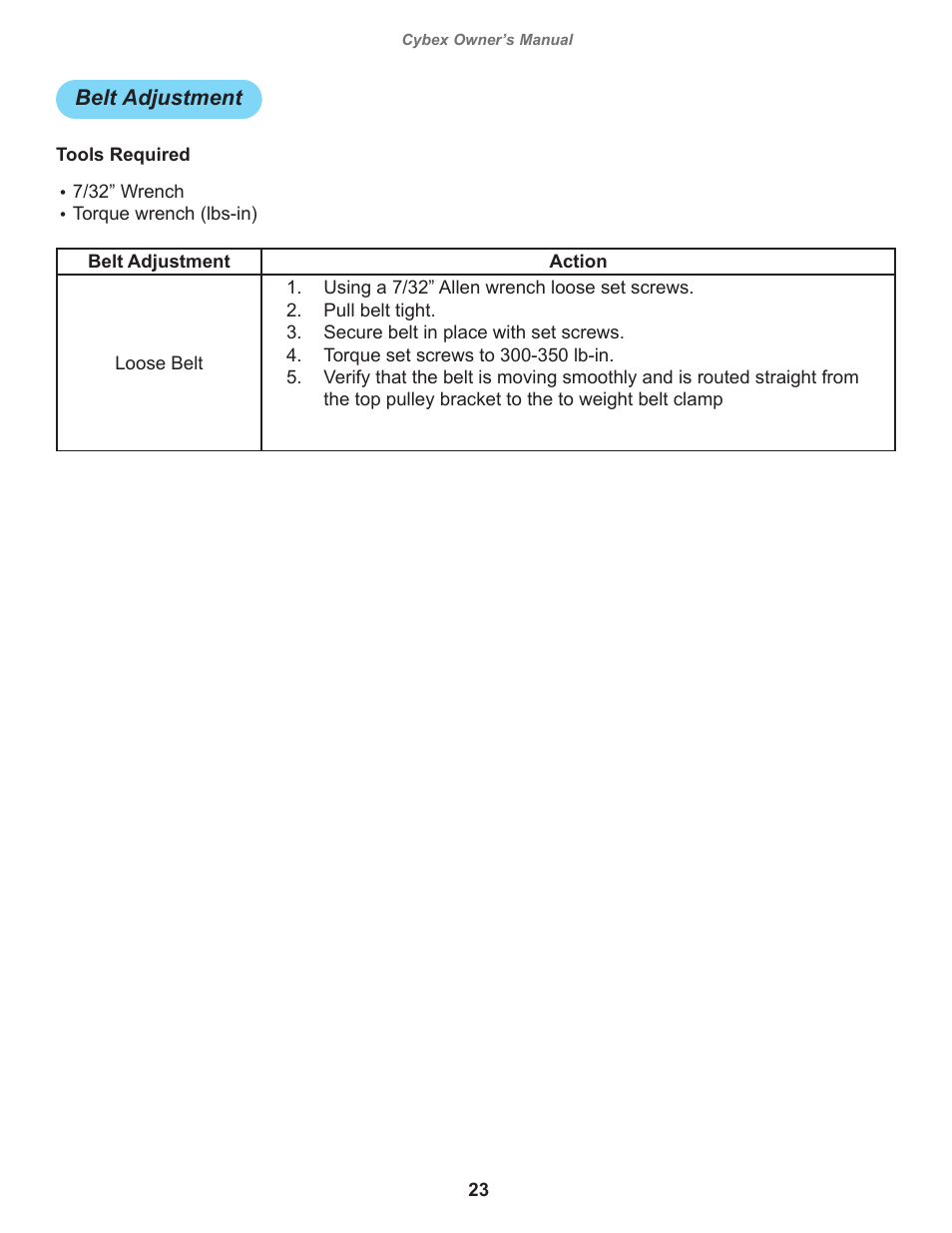 Belt adjustment | Cybex 18030 Bravo Lift User Manual | Page 23 / 28