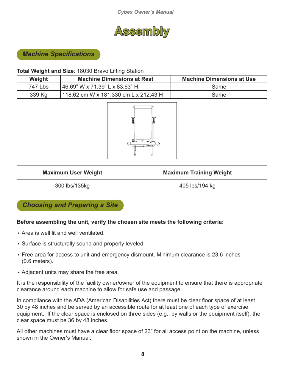 Assembly, Machine specifications, Choosing and preparing a site | Cybex 18030 Bravo Lift User Manual | Page 8 / 28