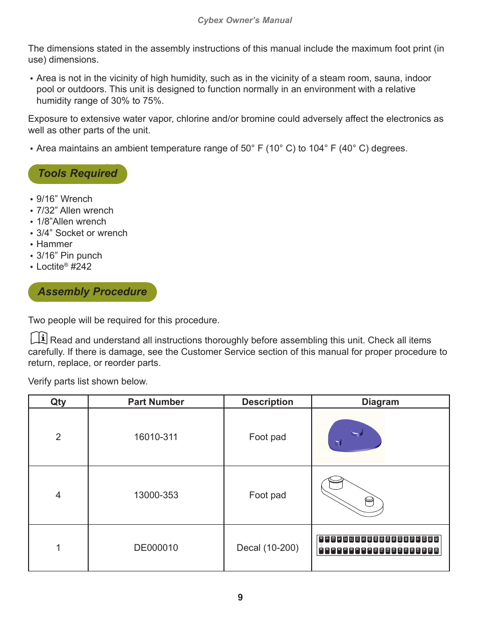 Tools required, Assembly procedure, 9/16” wrench | 7/32” allen wrench, 1/8”allen wrench, 3/4” socket or wrench, Hammer, 3/16” pin punch, Loctite, Cybex owner’s manual | Cybex 18030 Bravo Lift User Manual | Page 9 / 28