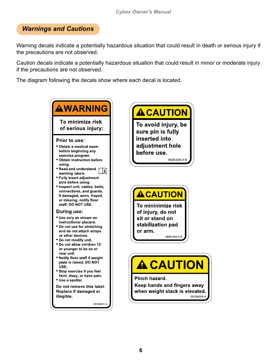 Warnings and cautions, Cybex owner’s manual, Owatonna | Cybex 18080 Bravo Pro User Manual | Page 6 / 32