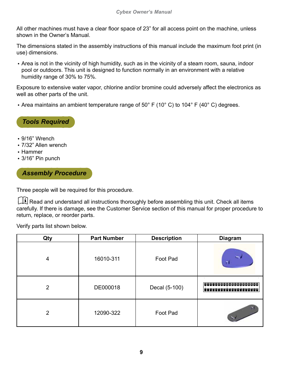 Tools required, Assembly procedure, 9/16” wrench | 7/32” allen wrench, Hammer, 3/16” pin punch, Cybex owner’s manual | Cybex 18080 Bravo Pro User Manual | Page 9 / 32