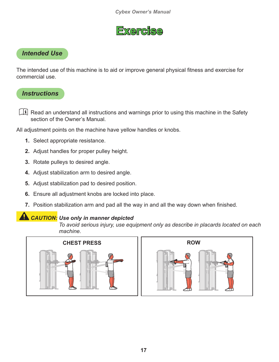 Exercise, Intended use, Instructions | Cybex 8800 Bravo User Manual | Page 17 / 32