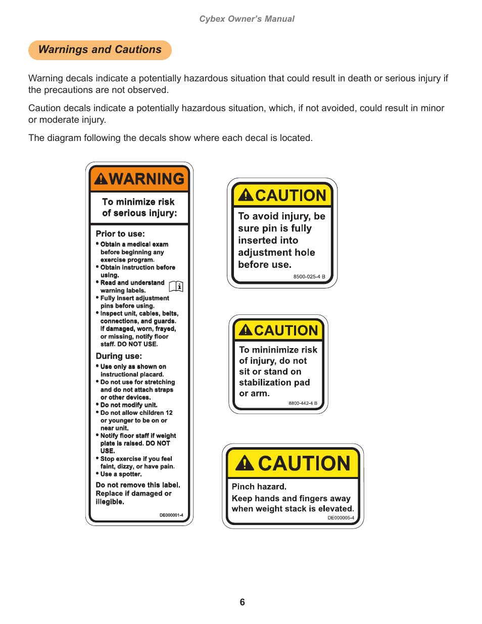 Warnings and cautions, Warning, Cybex owner’s manual | Owatonna, Prior to use, During use | Cybex 8800 Bravo User Manual | Page 6 / 32