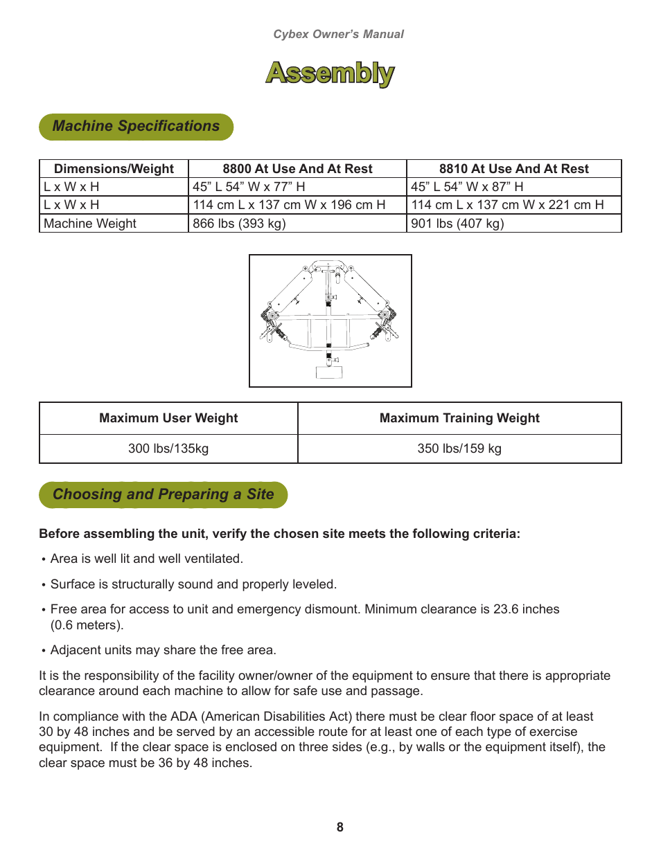 Assembly, Machine specifications, Choosing and preparing a site | Cybex 8800 Bravo User Manual | Page 8 / 32