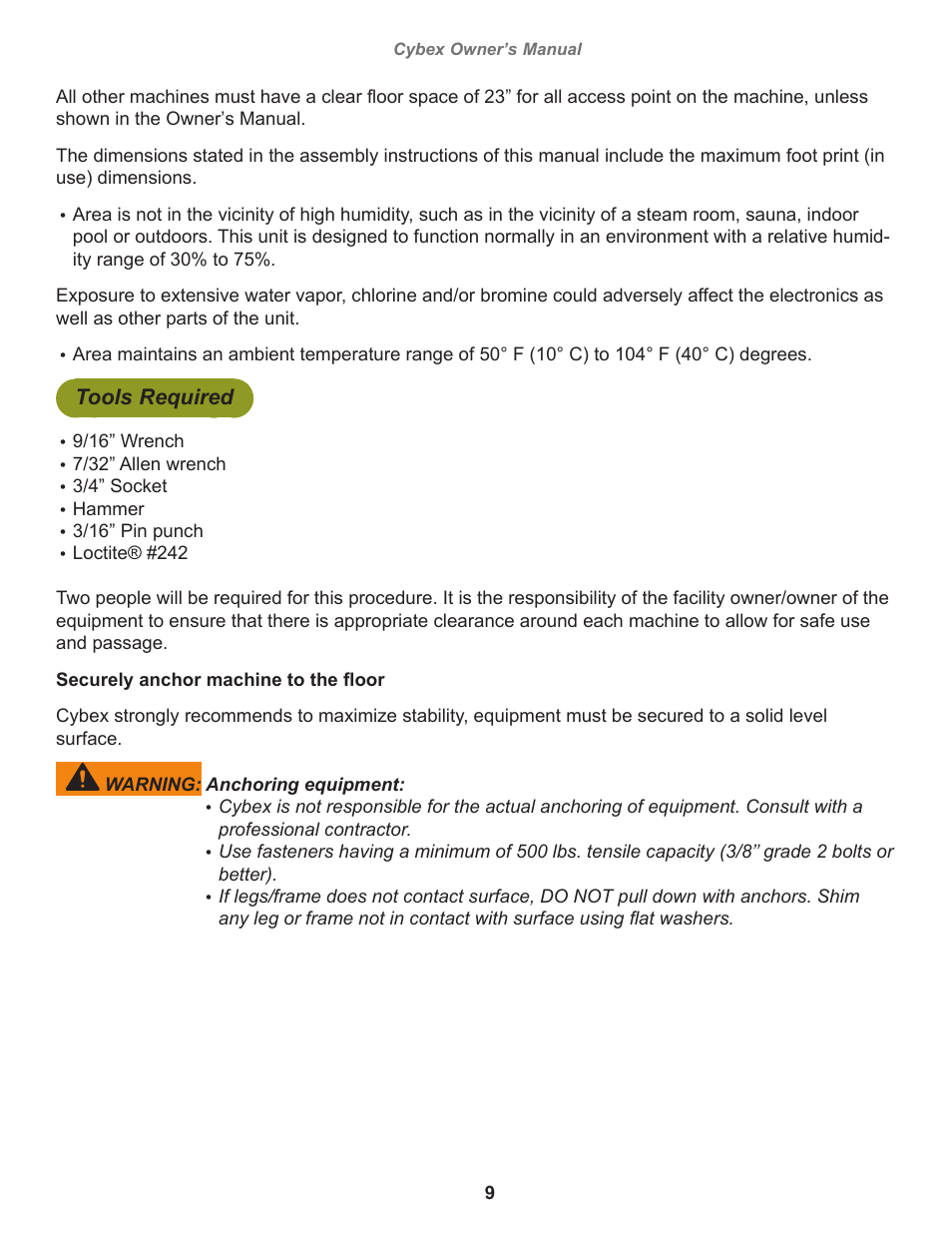 Tools required | Cybex 8800 Bravo User Manual | Page 9 / 32
