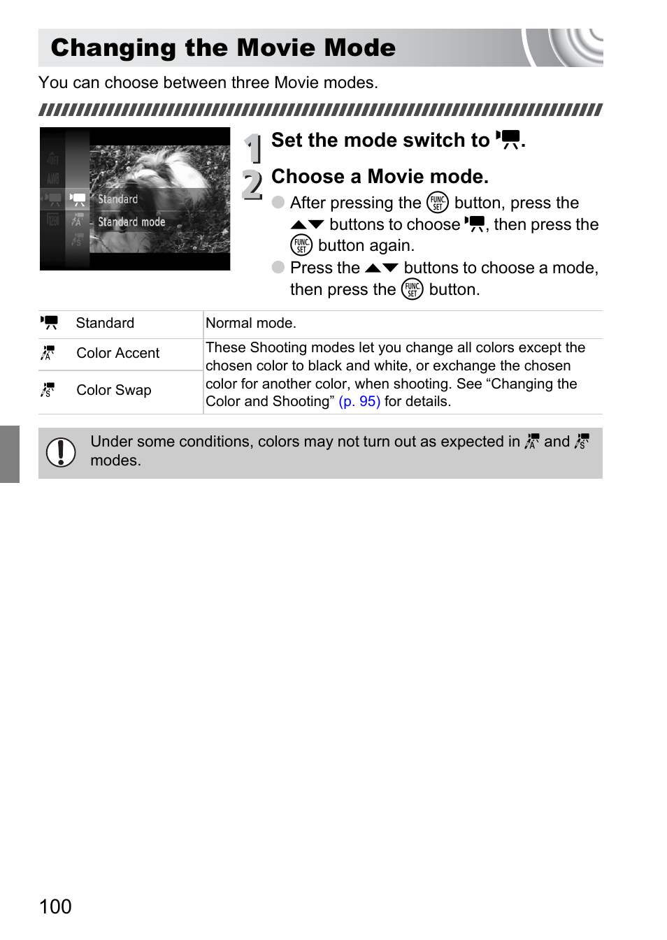 Changing the movie mode, Set the mode switch to e . choose a movie mode | Canon IXUS 130 User Manual | Page 100 / 176