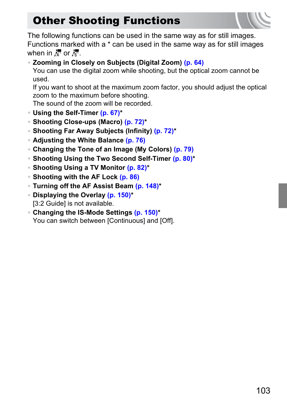 Other shooting functions | Canon IXUS 130 User Manual | Page 103 / 176