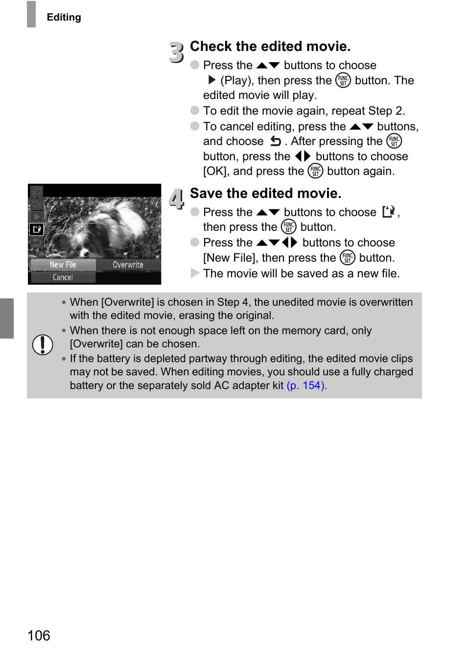 Check the edited movie, Save the edited movie | Canon IXUS 130 User Manual | Page 106 / 176