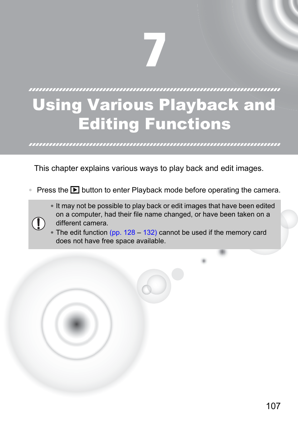 7 using various playback and editing functions, 7 using various playback and, Editing functions | Using various playback and editing functions | Canon IXUS 130 User Manual | Page 107 / 176